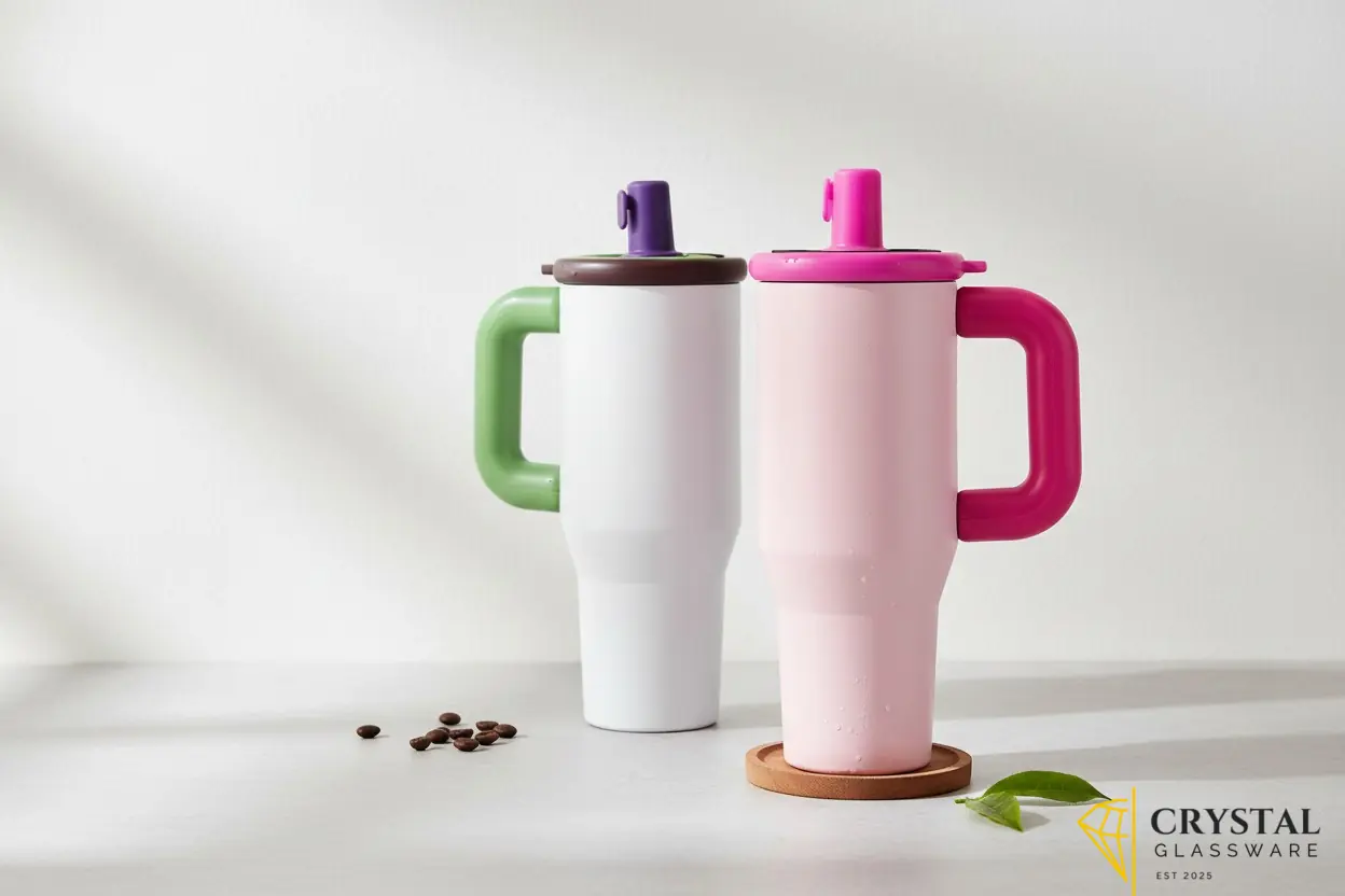 Stainless steel insulated tumbler with a handle and flip-up straw — Crystal Glassware Pakistan